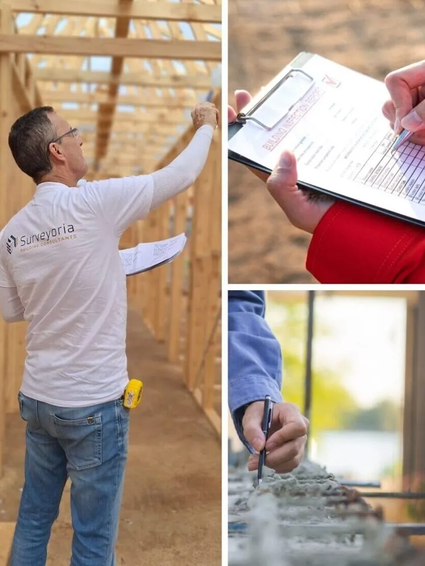 Home 2 Surveyoria inspector checking timber frame & filling building-inspection report on site — residential construction compliance