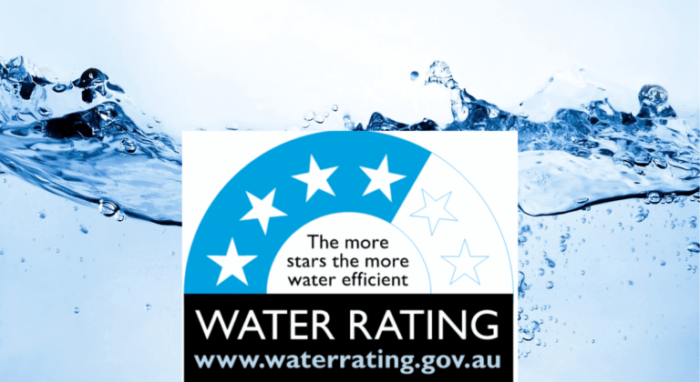 WELS water rating label showing 5-star water efficiency with flowing water background in compliance with Australian standards.