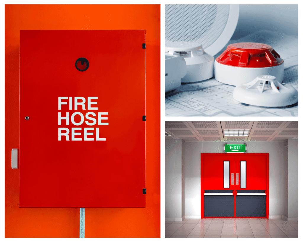 ESM Compliance 1 Red fire-hose reel, smoke detectors and exit door – essential safety measures